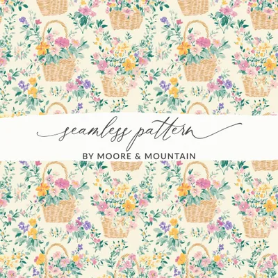 Floral Basket Digital Pattern, Seamless Flower Design, Cottagecore Print, JPEG Files, Fabric Pattern, Scrapbooking Paper