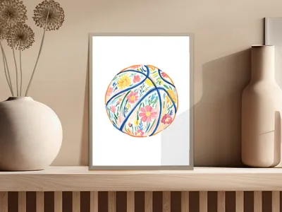 Watercolor basketball with colorful floral pattern in a white frame.