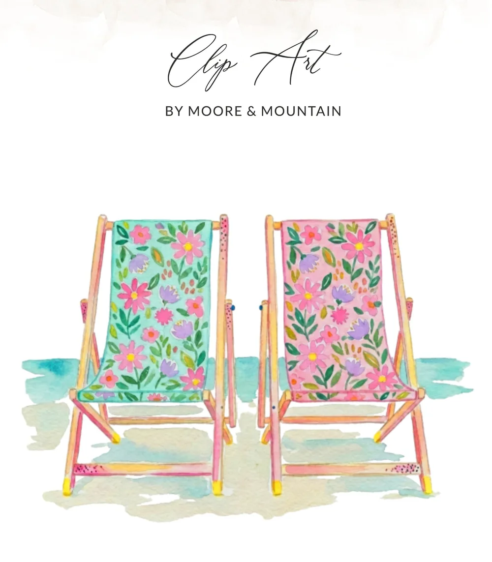Two floral patterned beach chairs with watercolor splash background.