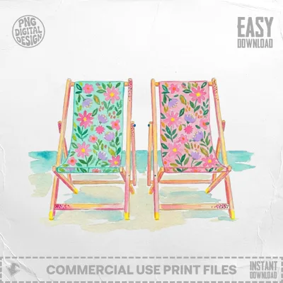 Two watercolor beach chairs with floral patterns on a sandy background.