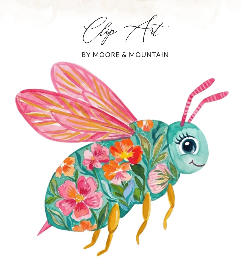 Watercolor bee with floral patterns and pink and yellow wings.