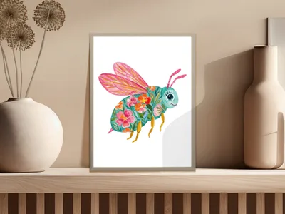 Whimsical bee illustration with floral wings and body in a framed print.
