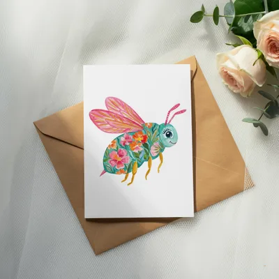 Watercolor illustration of a bee with floral wings on a card.