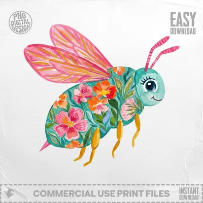 Watercolor bee with floral design and pink wings, "Easy Download" text.