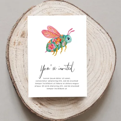 Invitation with a floral bee illustration and placeholder text.