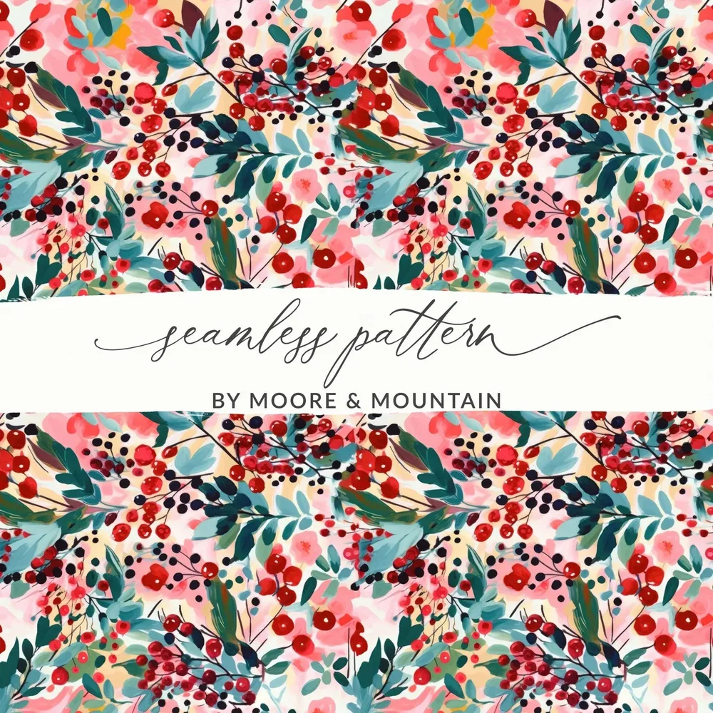 Floral Berries Digital Paper, Seamless Pattern Design, Watercolor Flowers, Repeating Texture, Printable Backgrounds, Digital Download - Moore and Mountain