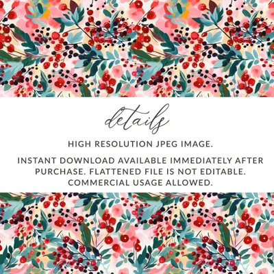 Floral Berries Digital Paper, Seamless Pattern Design, Watercolor Flowers, Repeating Texture, Printable Backgrounds, Digital Download - Moore and Mountain