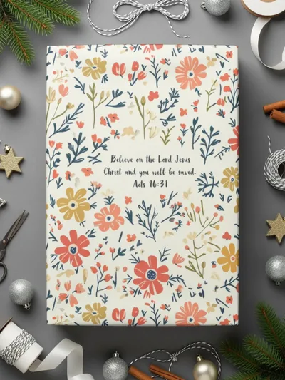 Floral Bible Verse Digital Paper, Acts 16 31, Seamless Pattern, Scripture Digital Download, Commercial Use, Print On Demand, Flowers - Moore and Mountain