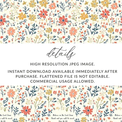 Floral Bible Verse Digital Paper, Acts 16 31, Seamless Pattern, Scripture Digital Download, Commercial Use, Print On Demand, Flowers - Moore and Mountain