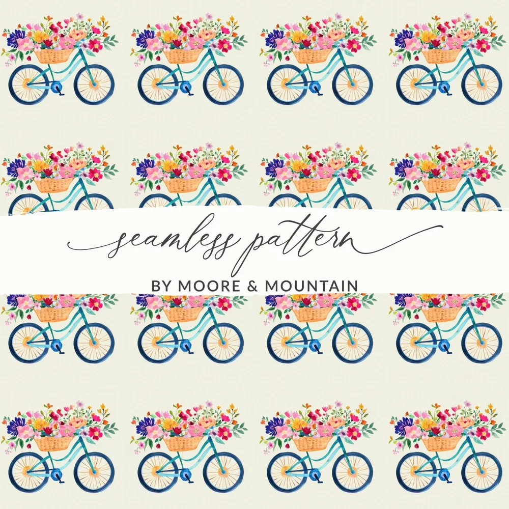 Floral Bicycle Digital Paper, Seamless Bike Pattern, Watercolor Flower Basket, Spring Digital Background, Digital Download - Moore and Mountain