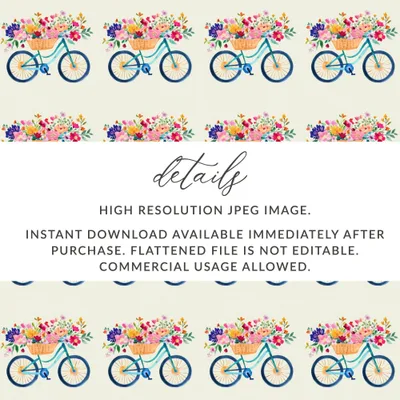 Floral Bicycle Digital Paper, Seamless Bike Pattern, Watercolor Flower Basket, Spring Digital Background, Digital Download - Moore and Mountain