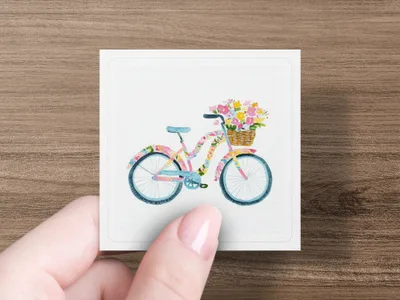 Watercolor bicycle with flower basket on wooden background.