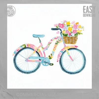 Watercolor bicycle with floral pattern and basket of colorful flowers.