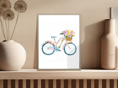 Watercolor illustration of a bicycle with a basket full of flowers.