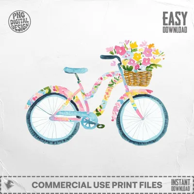Watercolor bicycle with floral pattern and basket of flowers.
