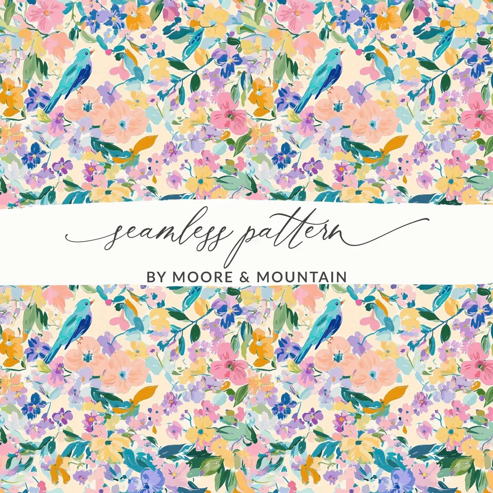 Floral Bird Digital Paper, Watercolor Flowers Seamless Pattern, Pastel Spring Fabric Design, Scrapbooking Paper Pack, Digital Download - Moore and Mountain