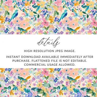 Floral Bird Digital Paper, Watercolor Flowers Seamless Pattern, Pastel Spring Fabric Design, Scrapbooking Paper Pack, Digital Download - Moore and Mountain
