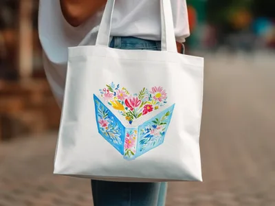 White tote bag with a watercolor illustration of an open book filled with colorful flowers.