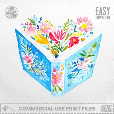 Open book with colorful watercolor flowers and foliage spilling from pages.