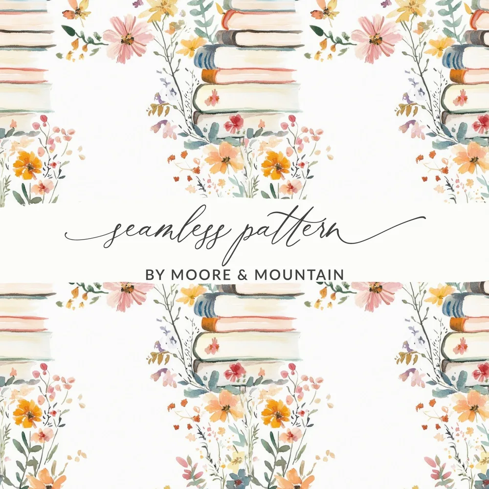 Floral Books Digital Paper, Seamless Pattern for Fabric, Watercolor Flowers Design, Floral Background, Digital Download - Moore and Mountain