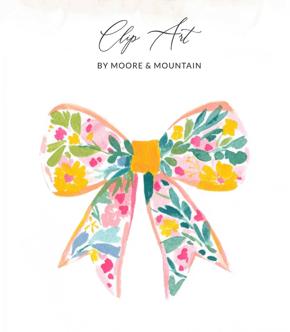Watercolor bow with floral pattern and text "Clip Art By Moore & Mountain".