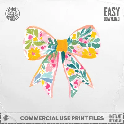 Watercolor bow with pink, yellow, and green floral pattern.
