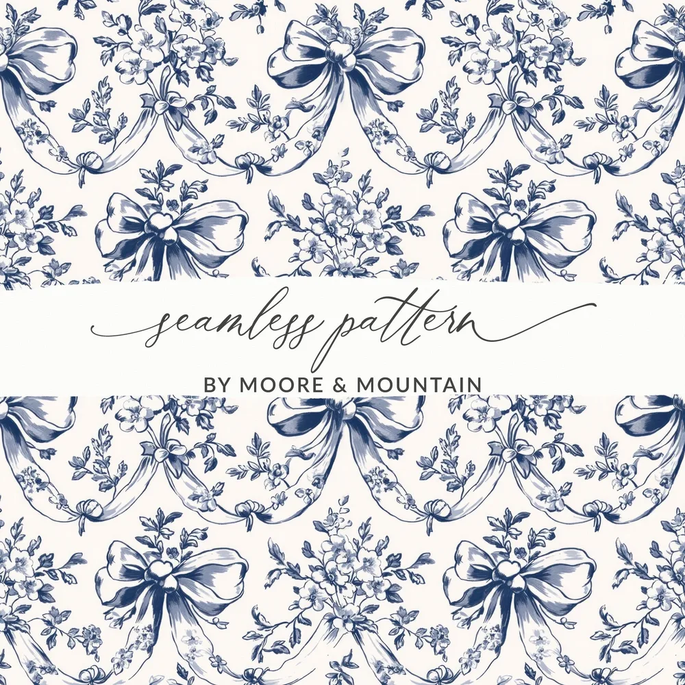 Floral Bow Digital Paper, Seamless Pattern, Chinoiserie Fabric Design, Blue White Print, Tileable Background, Scrapbook Paper, Digital - Moore and Mountain