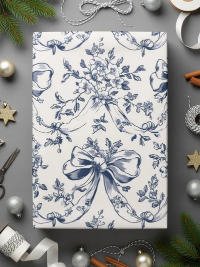Floral Bow Digital Paper, Seamless Pattern, Chinoiserie Fabric Design, Blue White Print, Tileable Background, Scrapbook Paper, Digital - Moore and Mountain