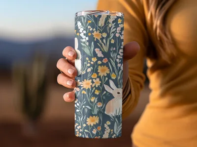 Floral Rabbit Design Insulated Beverage Tumbler