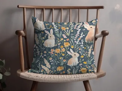 Floral Patterned Throw Pillow with Bunnies Design