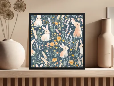 Cute Rabbit Illustration Floral Theme Wall Art Decor