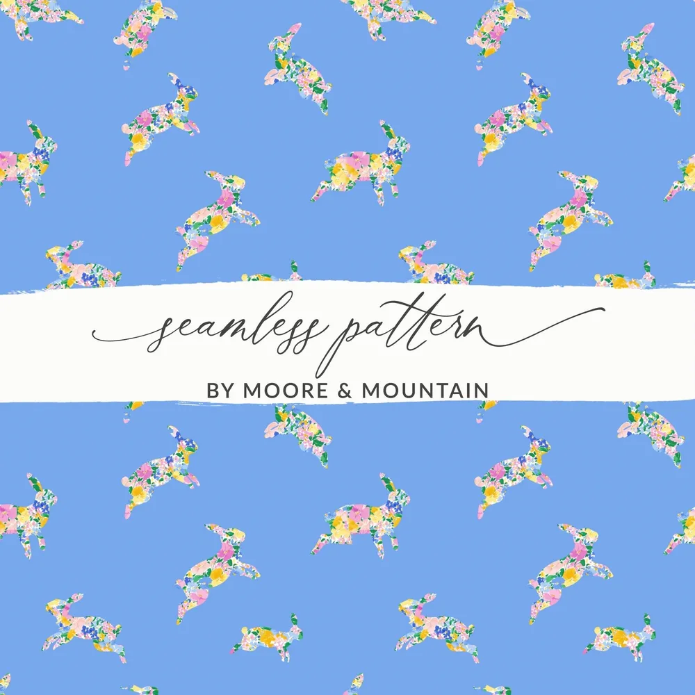 Floral Bunny Digital Paper, Seamless Rabbit Pattern, Spring Easter Design, Pastel Blue Background, Cute Animal Print, Digital Download - Moore and Mountain