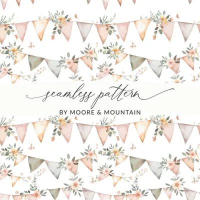 Floral Bunting Seamless Pattern, Watercolor Pennant Flags Digital Paper, Party Decoration Printable Backdrop, Girl Nursery Download