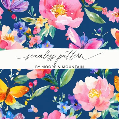 Floral Butterfly Seamless Digital, Watercolor Flowers Pattern, Fabric Design, Scrapbooking Paper, Navy Background, Digital Paper