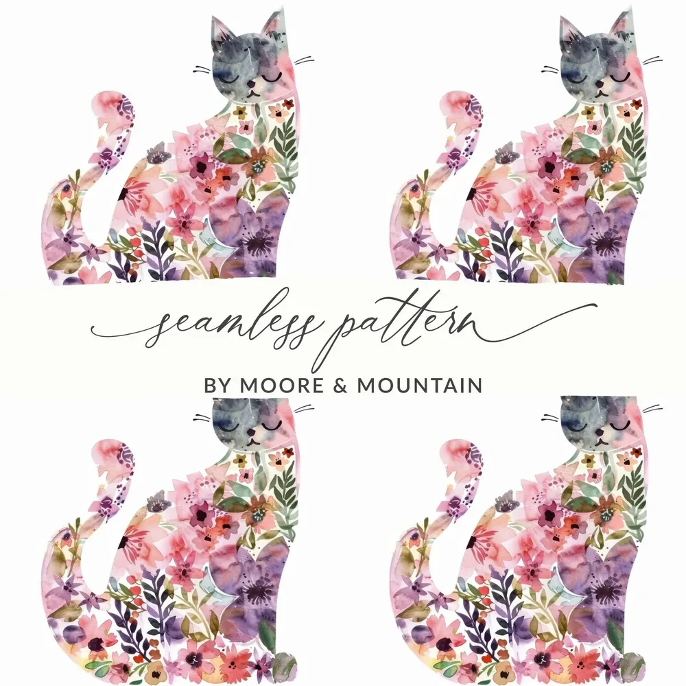 Floral Cat Digital Paper, Seamless Pattern, Watercolor Kitten Art, 12x12 JPEG, Commercial Use, Print on Demand, Cat Lover Gift - Moore and Mountain