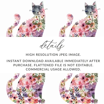 Floral Cat Digital Paper, Seamless Pattern, Watercolor Kitten Art, 12x12 JPEG, Commercial Use, Print on Demand, Cat Lover Gift - Moore and Mountain