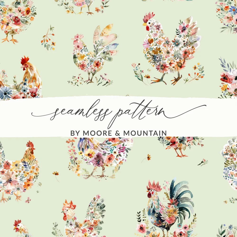 Floral Chicken Seamless Digital Pattern, Watercolor Rooster Design, Farmhouse Animal Print for Fabric, Paper, Digital Download - Moore and Mountain