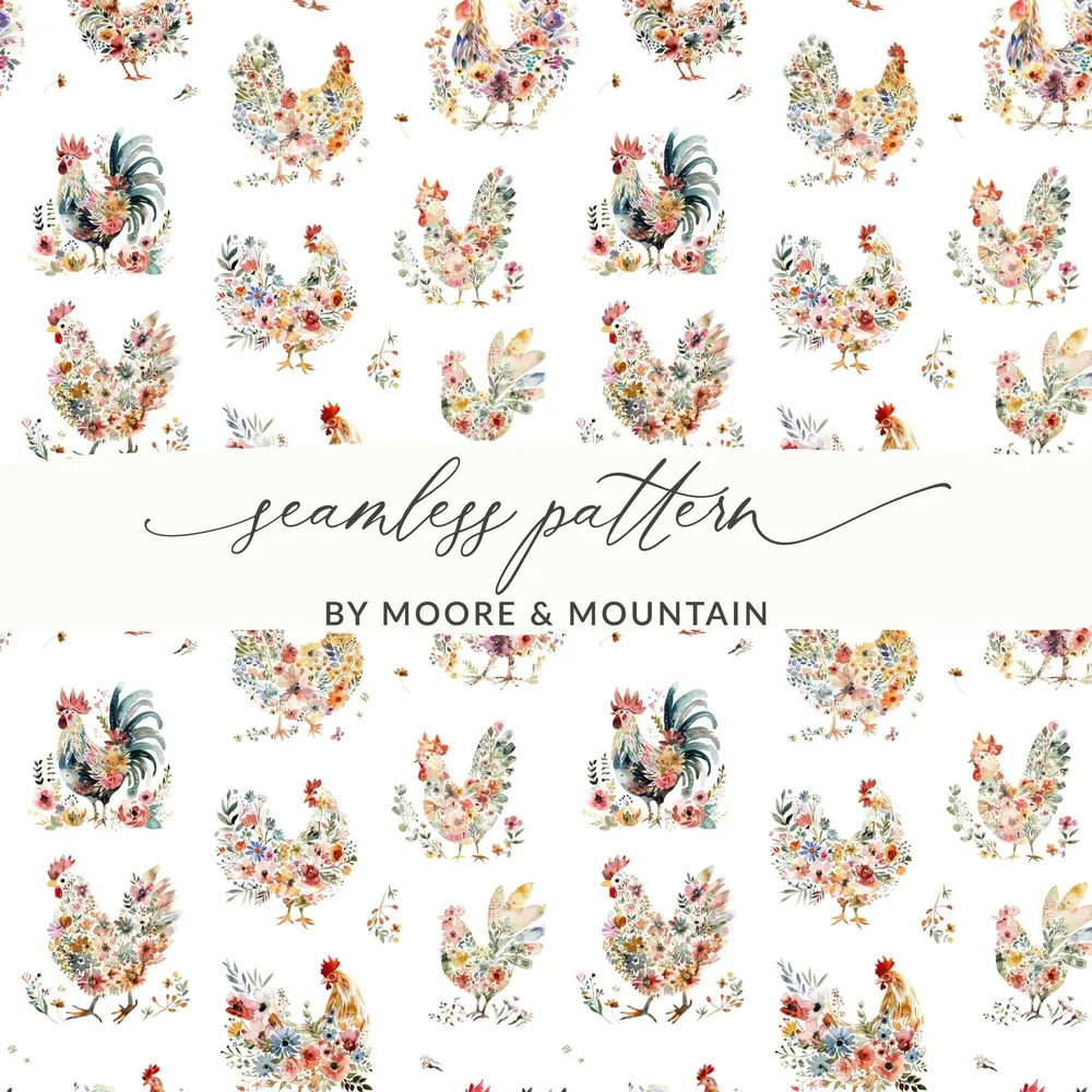 Floral Chicken Seamless Pattern Digital, Watercolor Rooster Design, Farm Animal Printable Paper, Repeating Tileable Background - Moore and Mountain