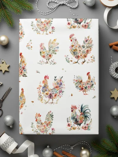 Floral Chicken Seamless Pattern Digital, Watercolor Rooster Design, Farm Animal Printable Paper, Repeating Tileable Background - Moore and Mountain