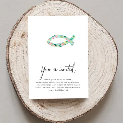 Invitation with floral fish symbol and placeholder text.