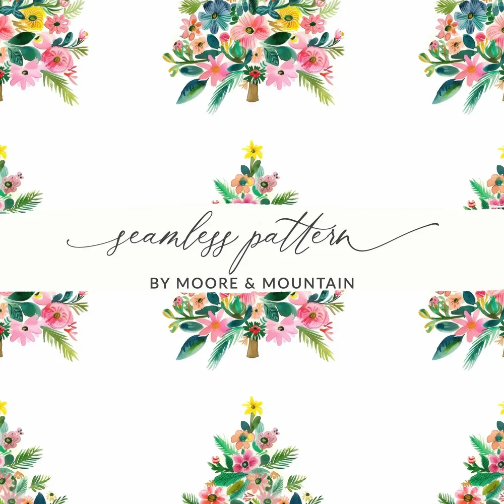 Floral Christmas Tree Digital Paper, Watercolor Seamless Pattern, Holiday Design, Festive Digital Download, Scrapbook Paper, Fabric Print - Moore and Mountain