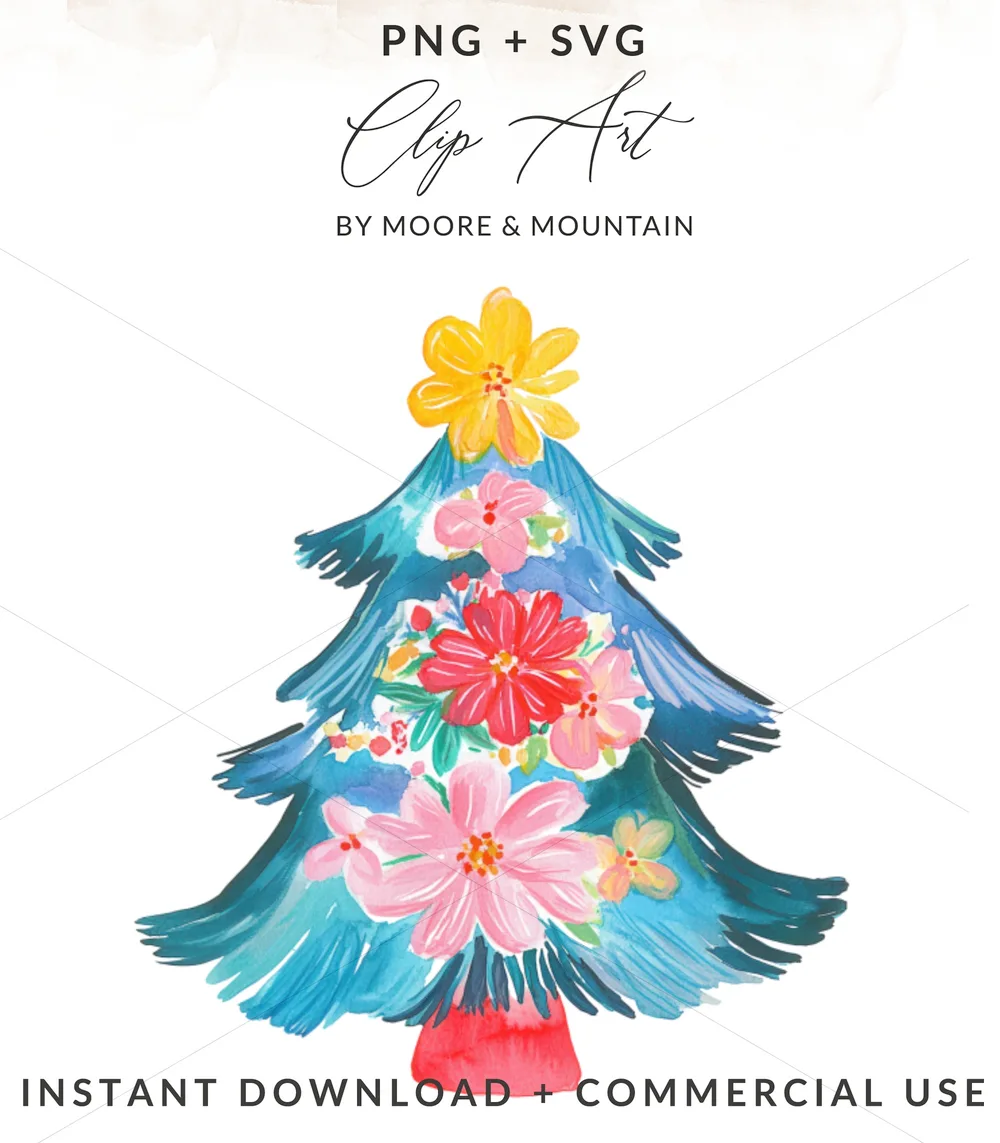 Floral Christmas Tree PNG Clipart, Watercolor Botanical Holiday Tree Digital Download, Grandmillennial Preppy Xmas Sublimation Design