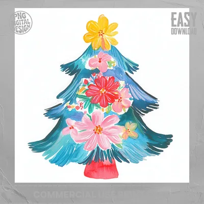 Floral Christmas Tree PNG Clipart, Watercolor Botanical Holiday Tree Digital Download, Grandmillennial Preppy Xmas Sublimation Design