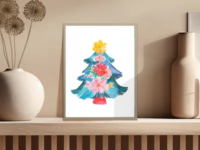 Floral Christmas Tree PNG Clipart, Watercolor Botanical Holiday Tree Digital Download, Grandmillennial Preppy Xmas Sublimation Design