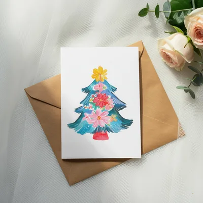 Floral Christmas Tree PNG Clipart, Watercolor Botanical Holiday Tree Digital Download, Grandmillennial Preppy Xmas Sublimation Design