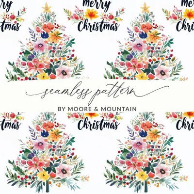 Floral Christmas Tree Seamless Pattern Digital, Watercolor Flowers Festive Background, Holiday Scrapbook Paper Digital Download
