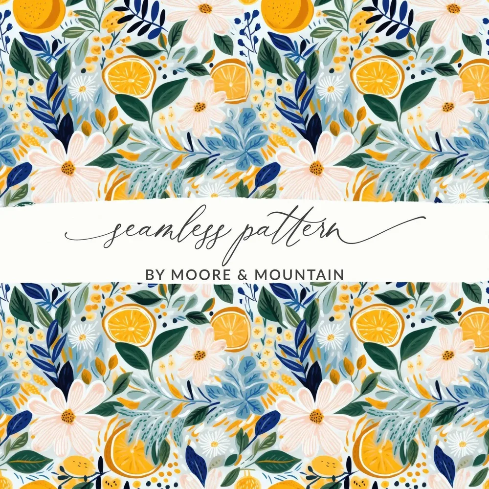 Ditsy Floral Citrus Seamless Pattern Digital Download, Flower Repeat Pattern, Botanical Print, Summer Fabric Design, Surface Pattern Design - Moore and Mountain