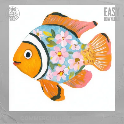 Floral Clownfish Digital Art Print, Whimsical Tropical Fish PNG Sublimation Clipart, Cute Coastal Nursery Wall Decor, Ocean Lover Gift