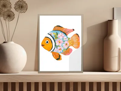 Floral Clownfish Digital Art Print, Whimsical Tropical Fish PNG Sublimation Clipart, Cute Coastal Nursery Wall Decor, Ocean Lover Gift