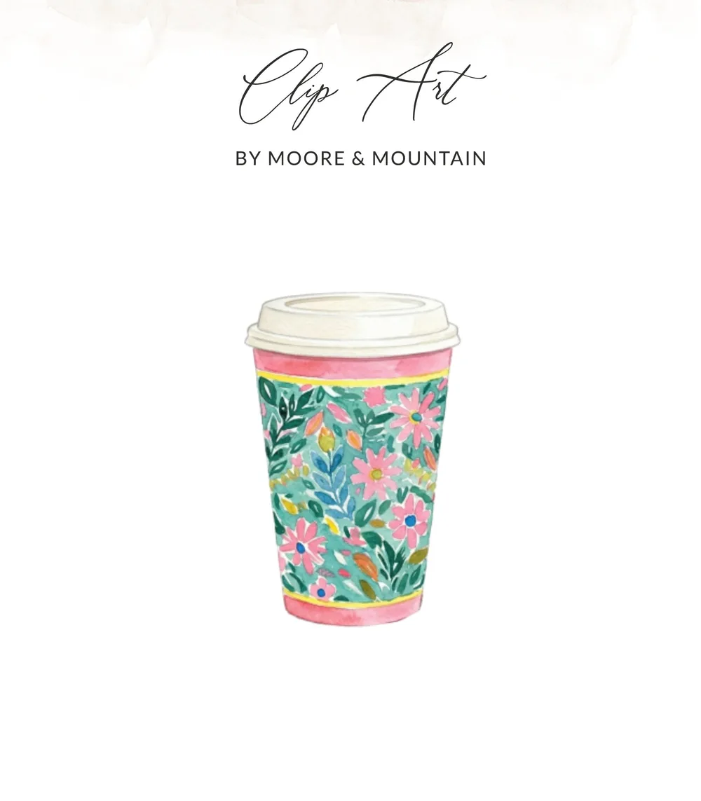 Pink and teal floral watercolor coffee cup with "Clip Art" text above.